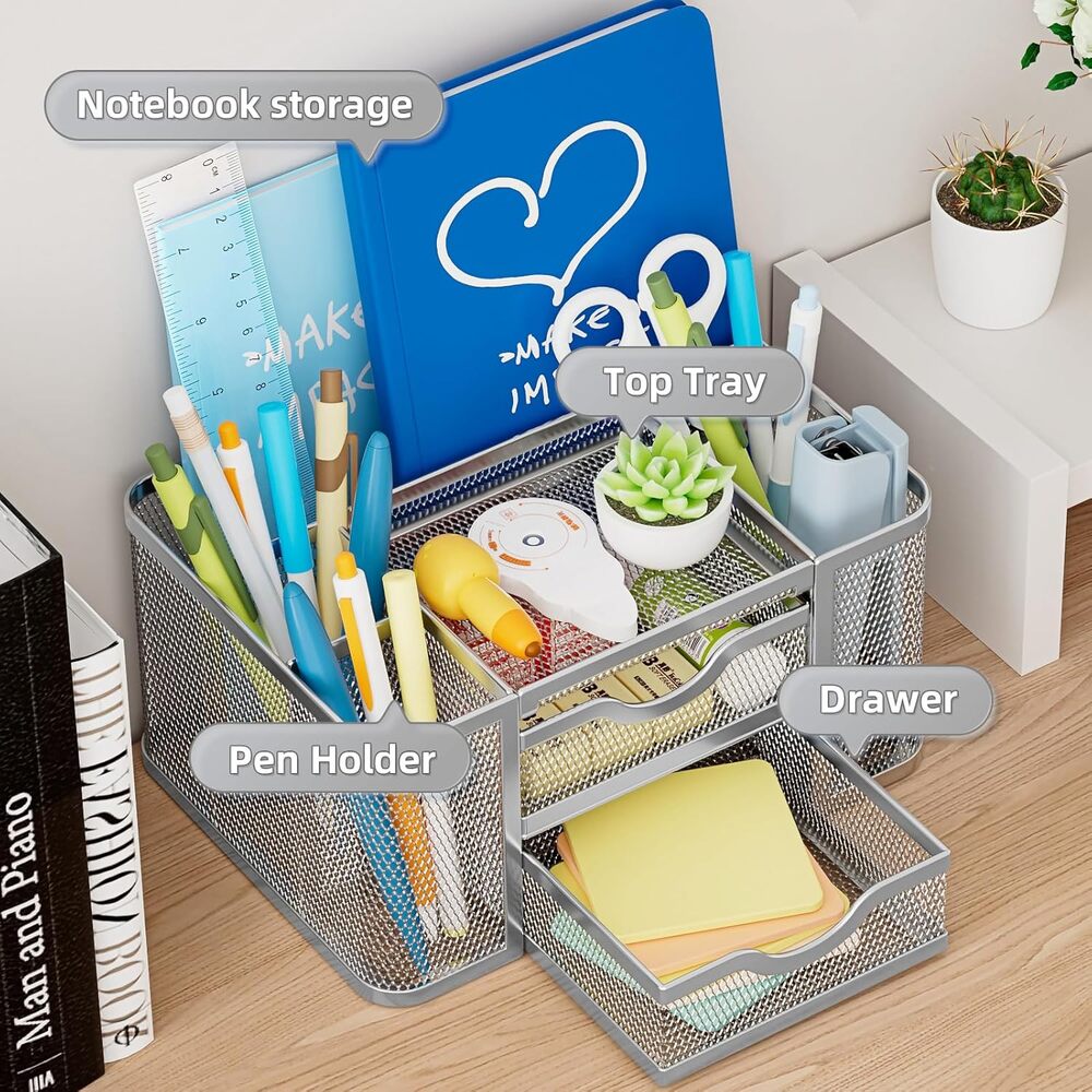 Desk Organizer Mesh 2 Drawers Pen Holder 5 Slots Office Storage Silver